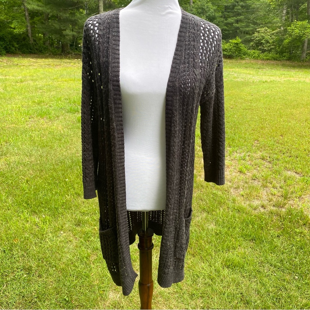 FAT FACE SWEATER CARDIGAN GRAY 3/4 SLEEVE OPEN KNIT & FRONT POCKETS SIZE 4